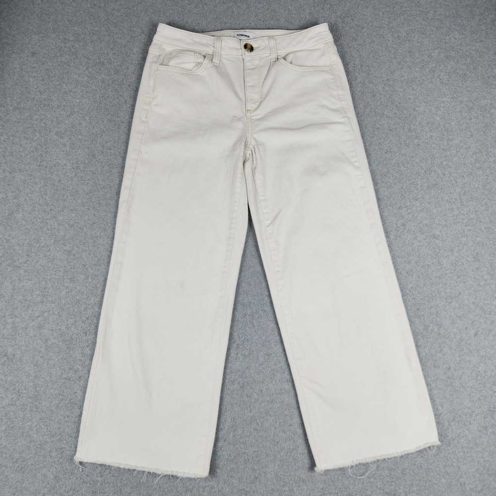 Sonomaโ Wide Leg Crop Jeans Womens 4 White Denim High Rise Stretch Boho Raw Hem